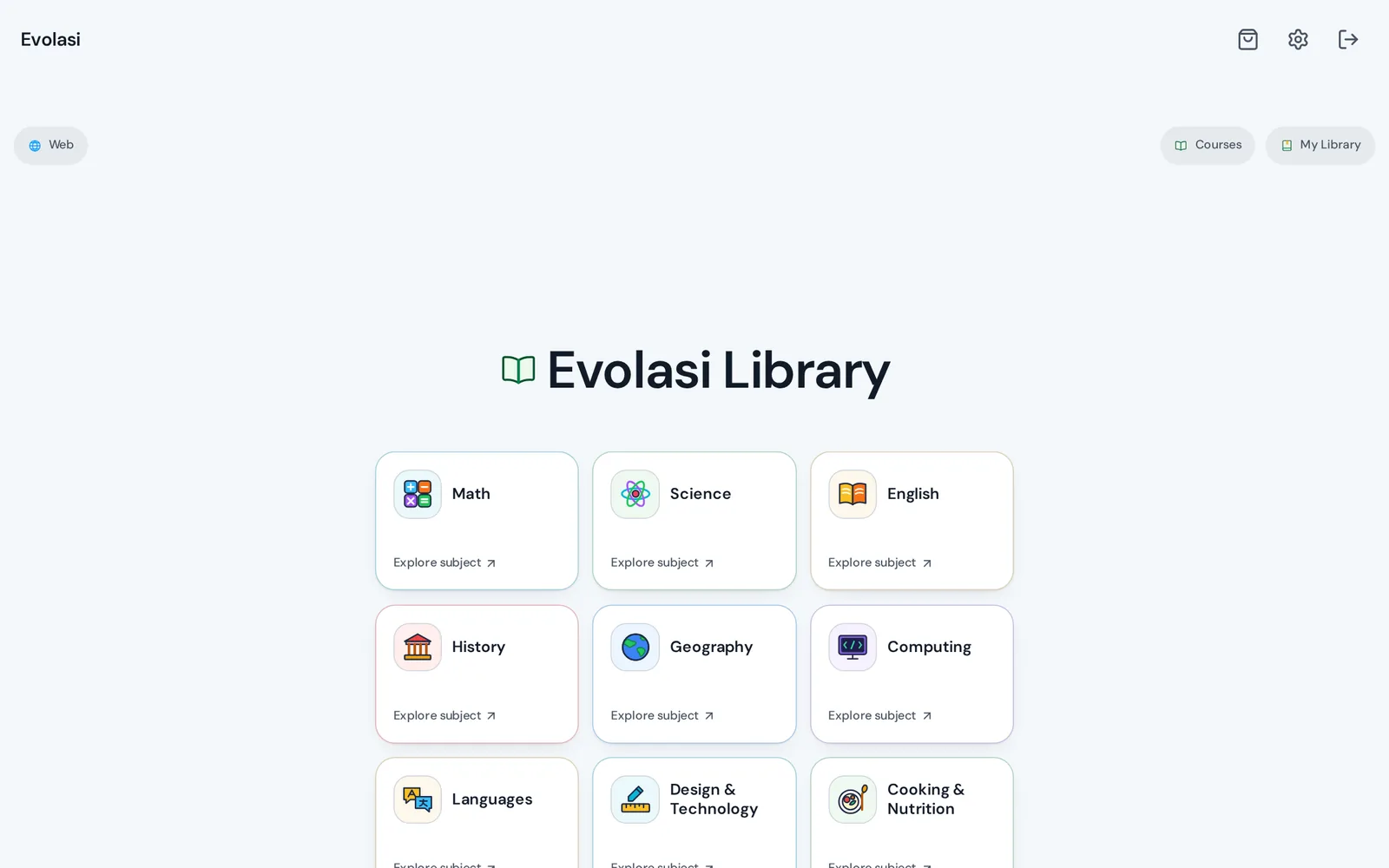 Authentic Evolasi Library preview showing its educational subject collection